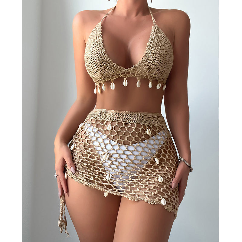 Beach Vacation Hand Crocheting Shell Hollow Out Cutout Sexy Halter Strap Beach Swimsuit Bikini Suit Crochet hook Bella Mia